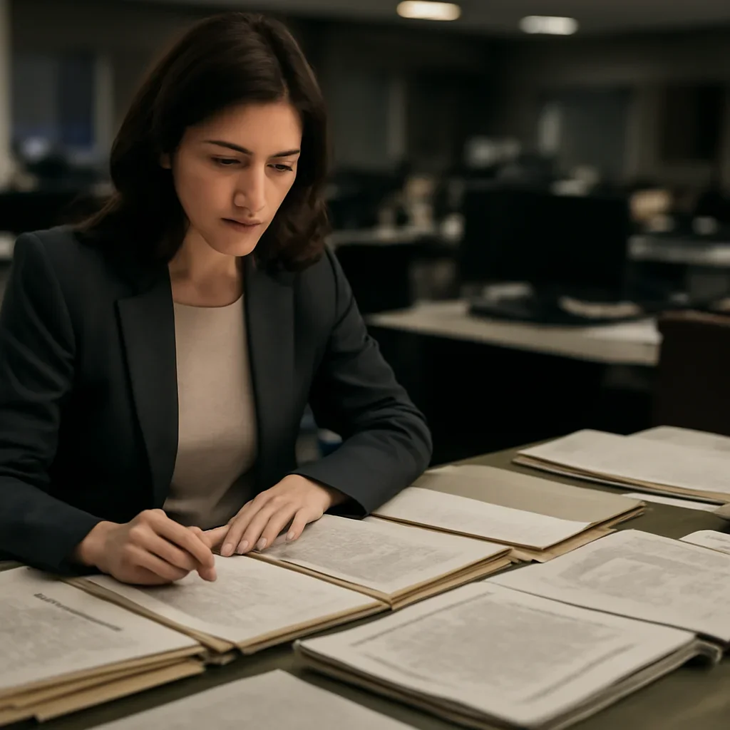 Reporter reviewing source material and timeline notes related to country and conflict dossiers covering allegations, courts, and evidence