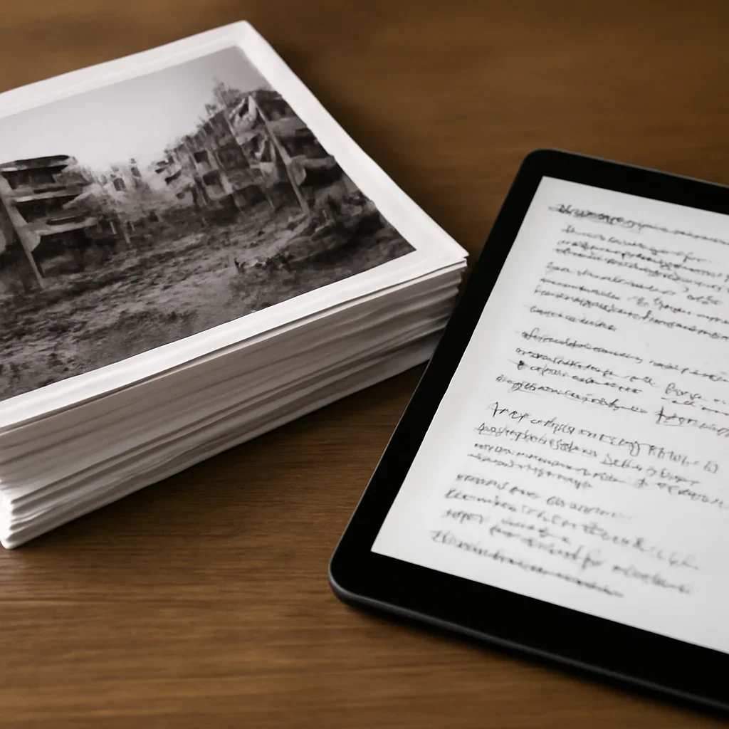 Stack of printed briefings and a tablet displaying archival notes for syria war crimes