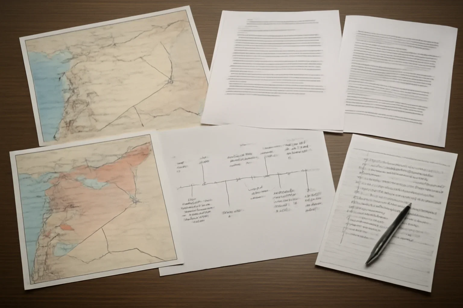 Desk with maps, court filings, and annotated timeline notes for Syria War Crimes accountability coverage
