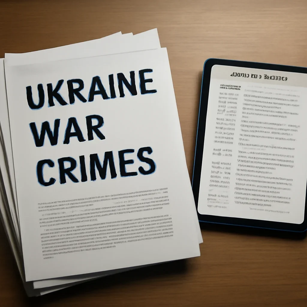 Stack of printed briefings and a tablet displaying archival notes for ukraine war crimes