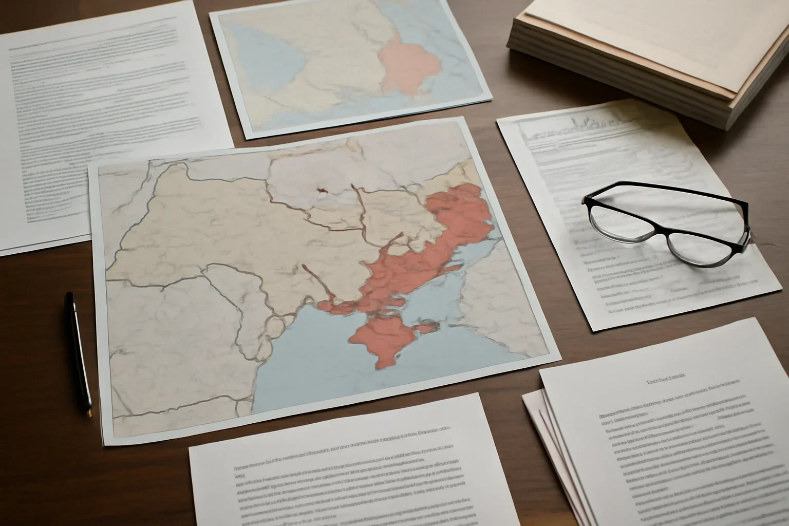 Desk with maps, court filings, and annotated timeline notes for Ukraine War Crimes accountability coverage