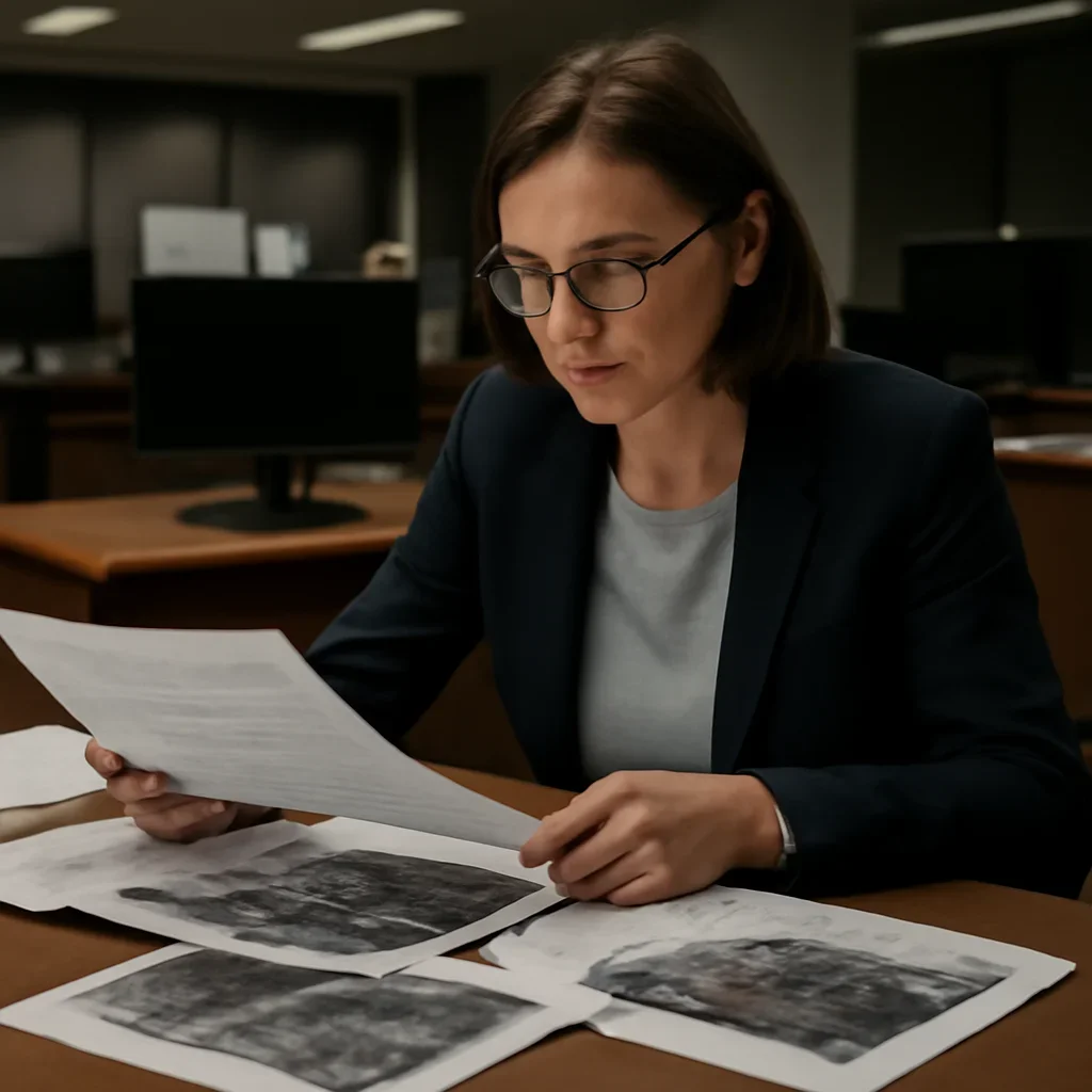 Reporter reviewing source material and timeline notes related to ukraine war crimes