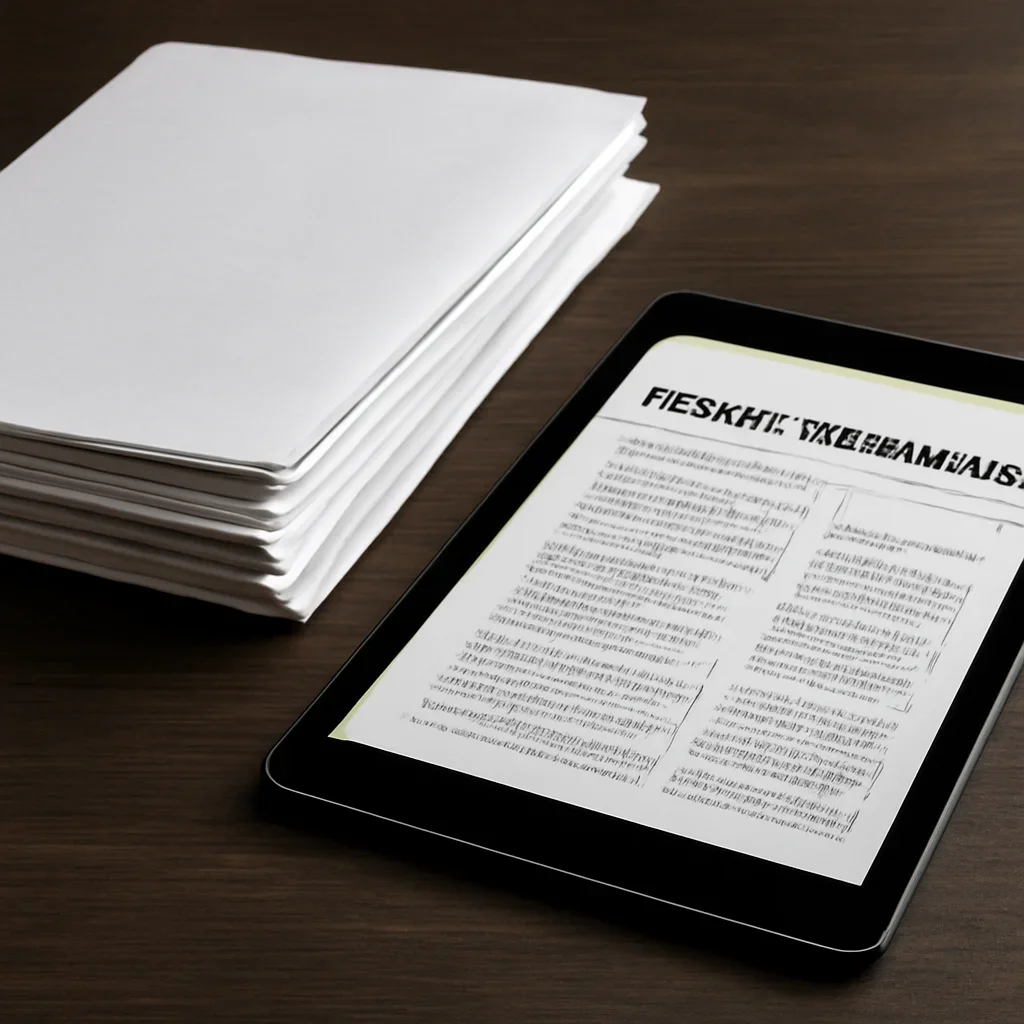 Stack of printed briefings and a tablet displaying archival notes for arrest warrants