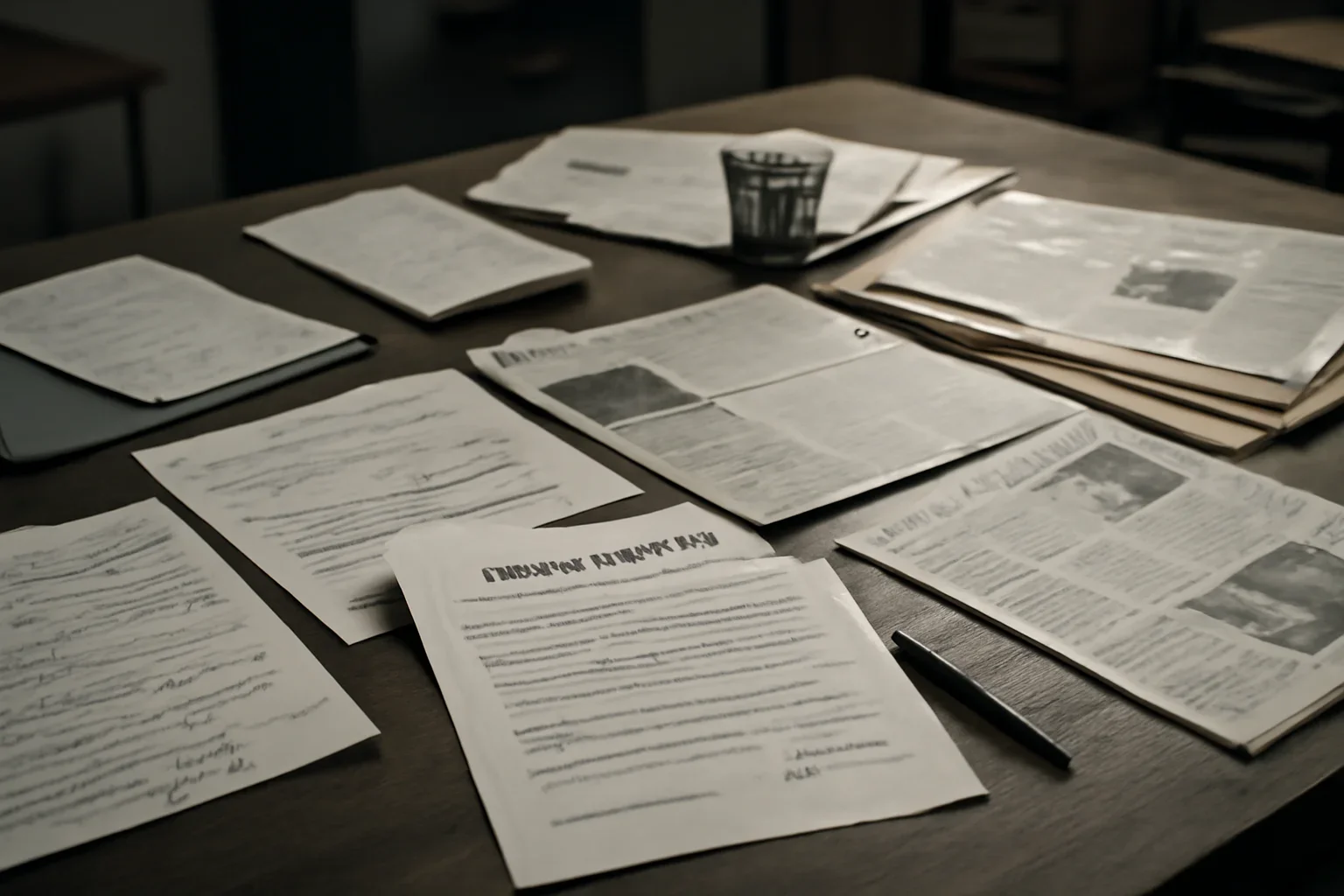 Editorial workspace with annotated documents and newspapers prepared for arrest warrants