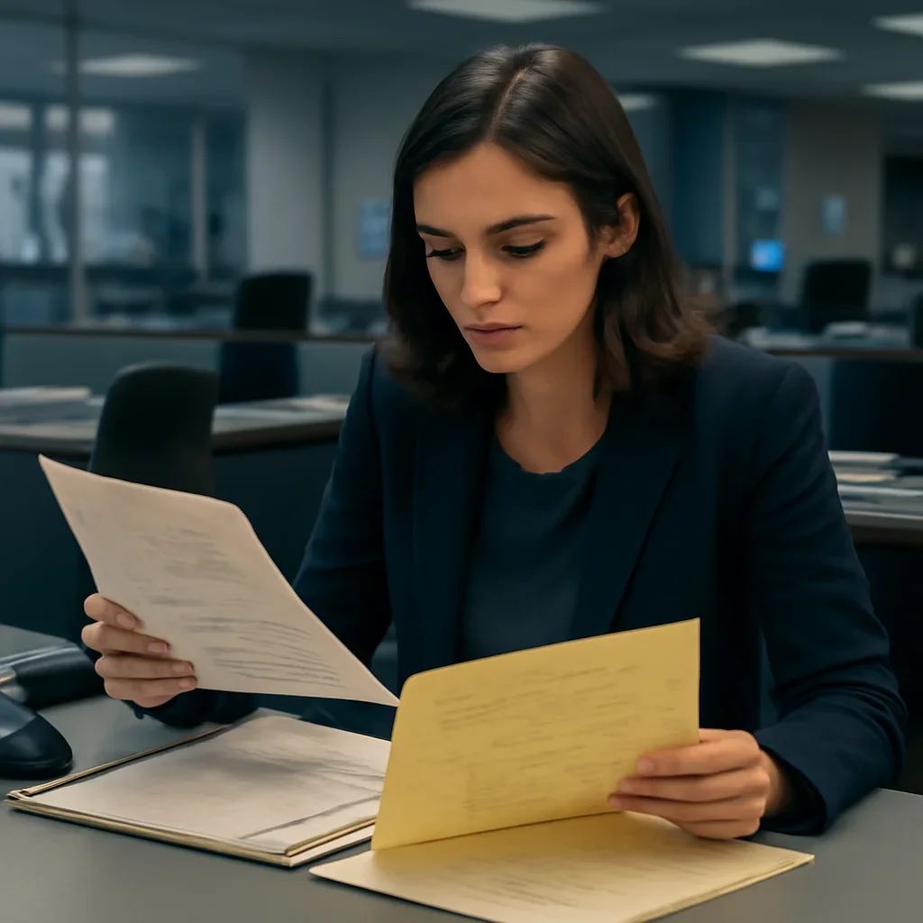 Reporter reviewing source material and timeline notes related to arrest warrants