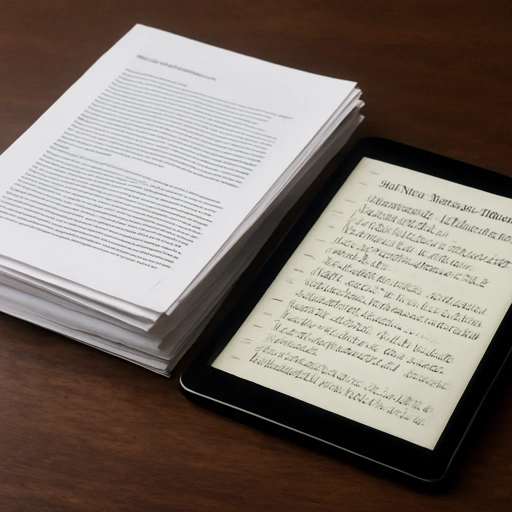Stack of printed briefings and a tablet displaying archival notes for courts & tribunals