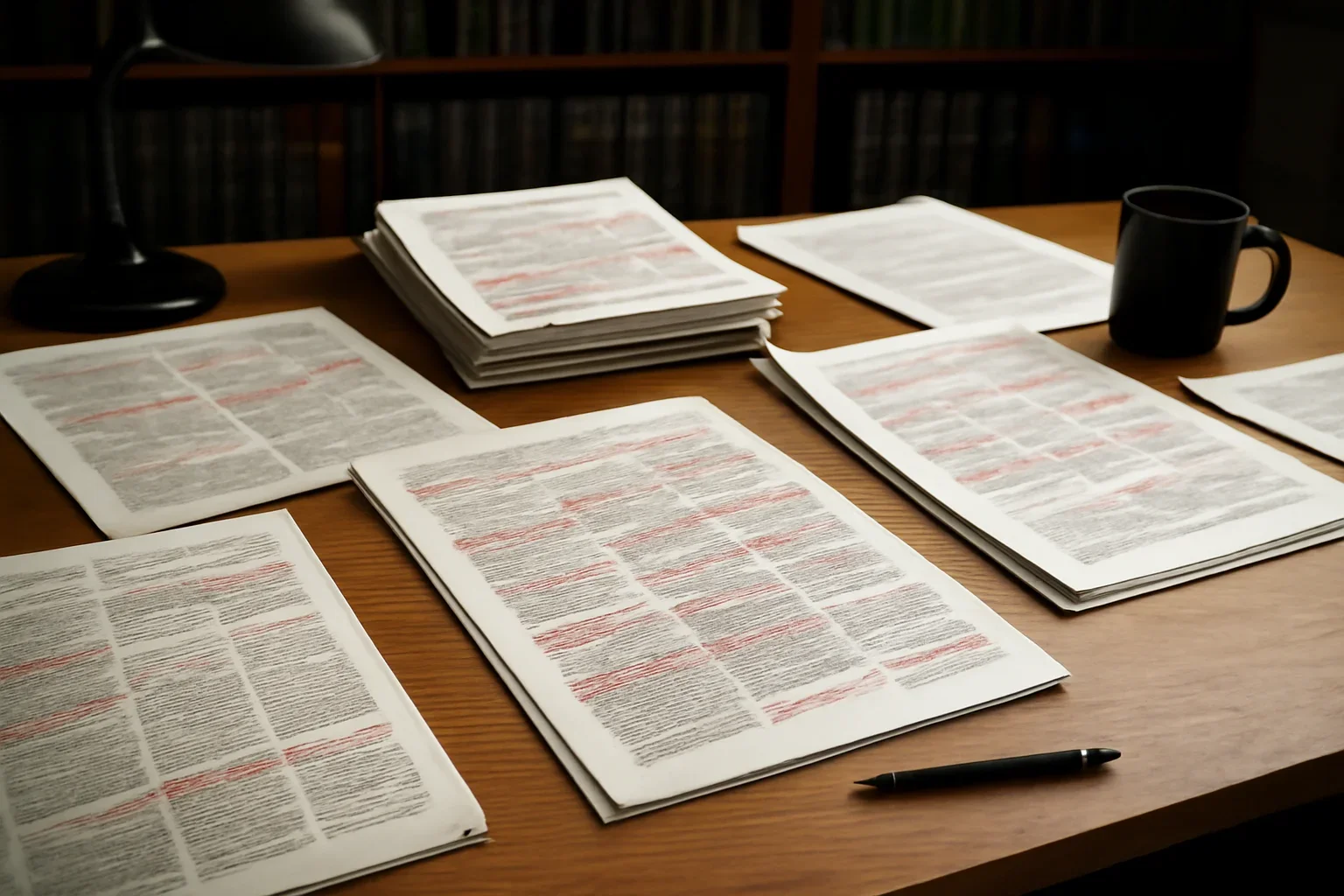 Editorial workspace with annotated documents and newspapers prepared for courts & tribunals