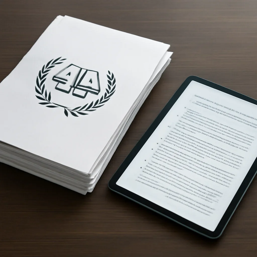 Stack of printed briefings and a tablet displaying archival notes for international criminal court