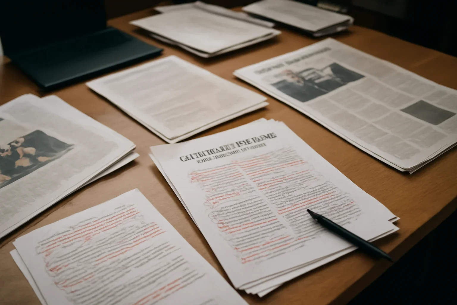 Editorial workspace with annotated documents and newspapers prepared for international criminal court