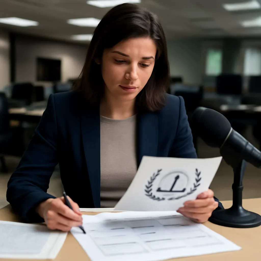 Reporter reviewing source material and timeline notes related to international criminal court