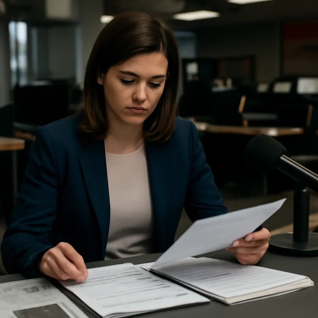 Reporter reviewing source material and timeline notes related to courts & tribunals