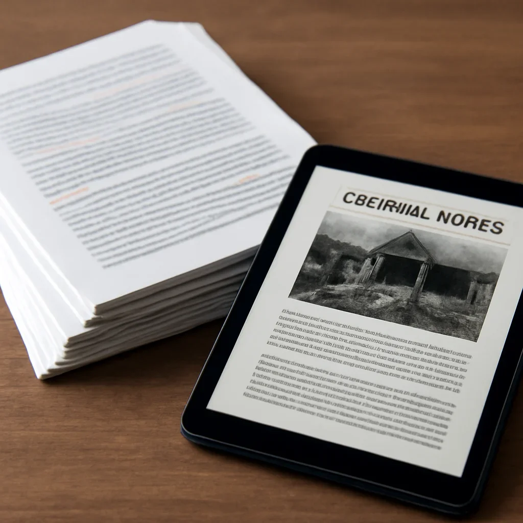 Stack of printed briefings and a tablet displaying archival notes for documenting war crimes