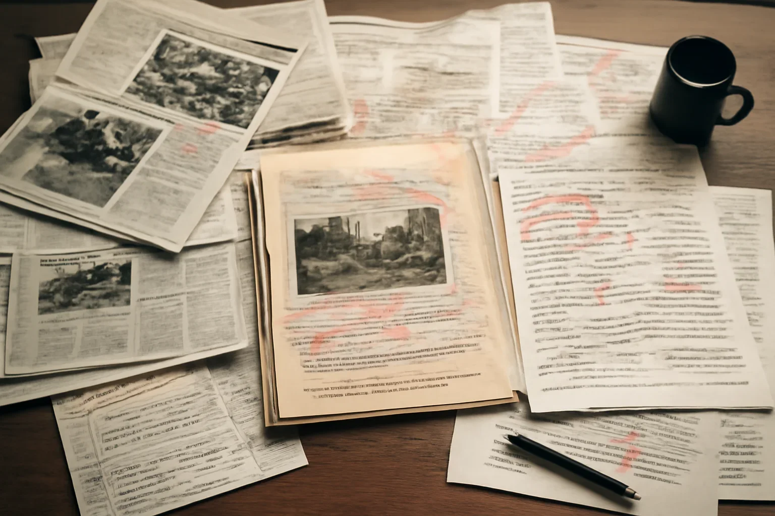 Editorial workspace with annotated documents and newspapers prepared for documenting war crimes