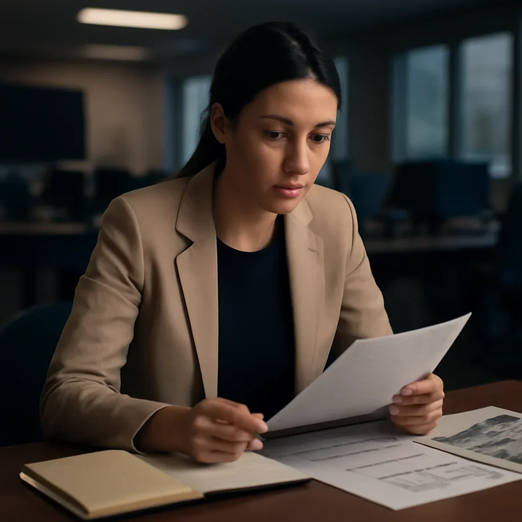 Reporter reviewing source material and timeline notes related to documenting war crimes