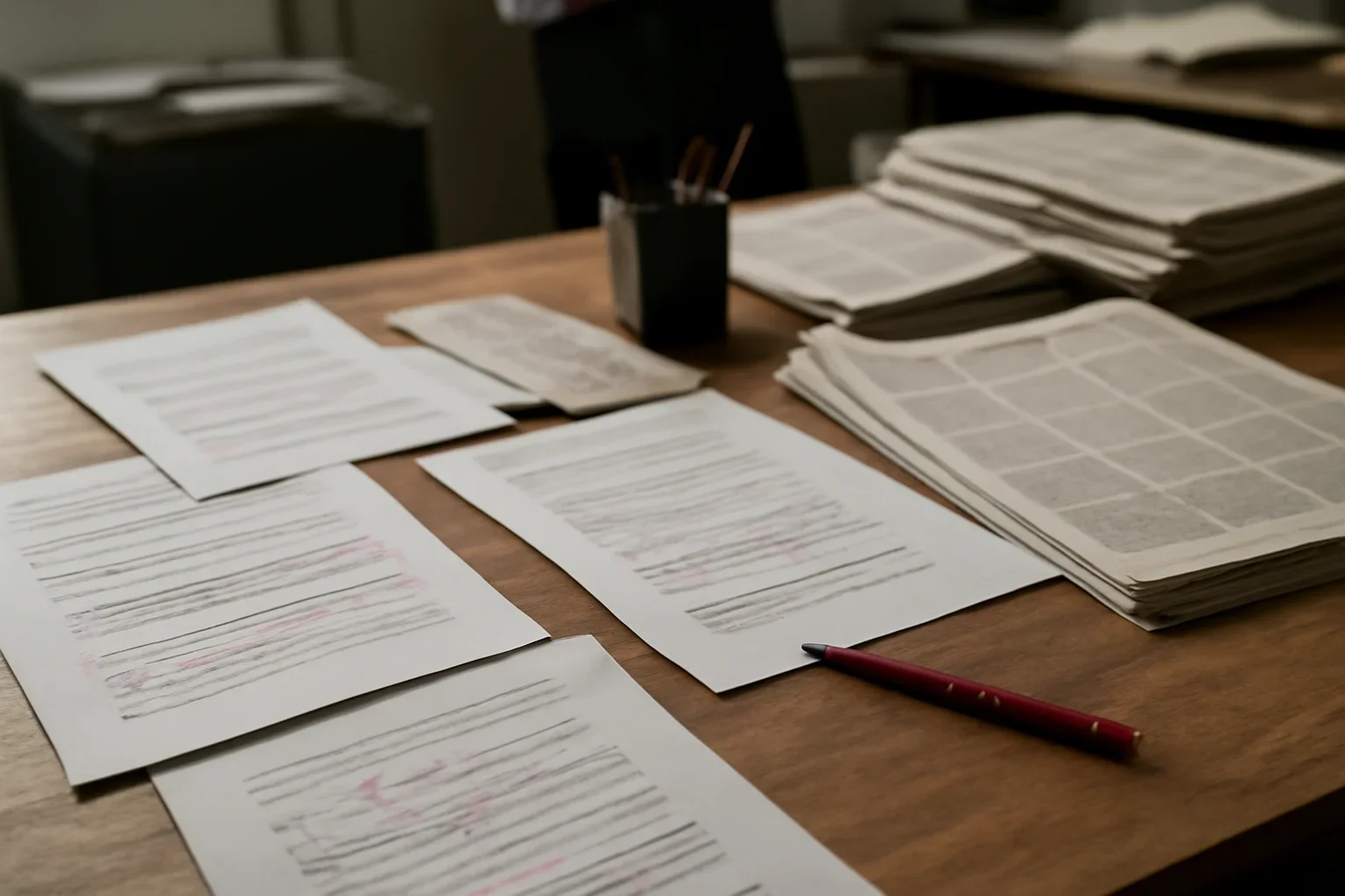 Editorial workspace with annotated documents and newspapers prepared for editorial policy