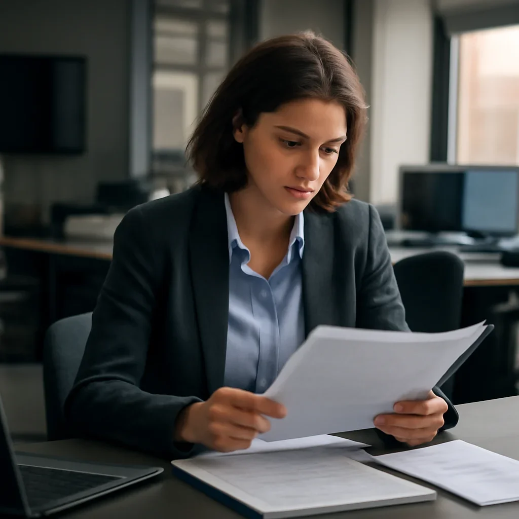Reporter reviewing source material and timeline notes related to editorial policy