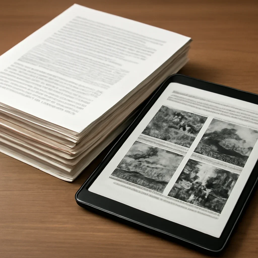Stack of printed briefings and a tablet displaying archival notes for evidence of war crimes