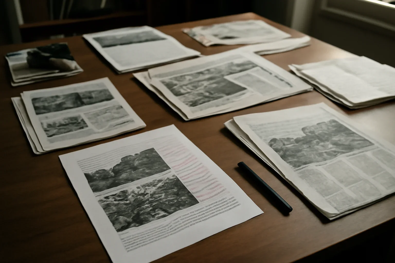 Editorial workspace with annotated documents and newspapers prepared for evidence of war crimes