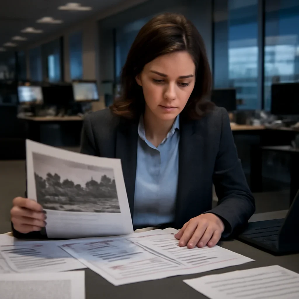 Reporter reviewing source material and timeline notes related to evidence of war crimes