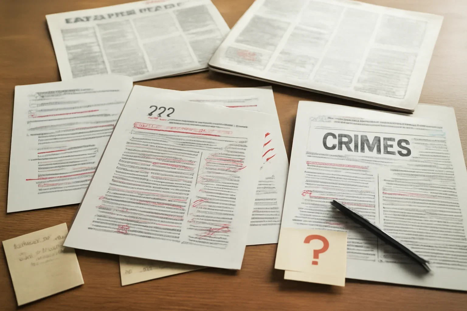 Editorial workspace with annotated documents and newspapers prepared for common questions about war crimes, courts, and legal terms