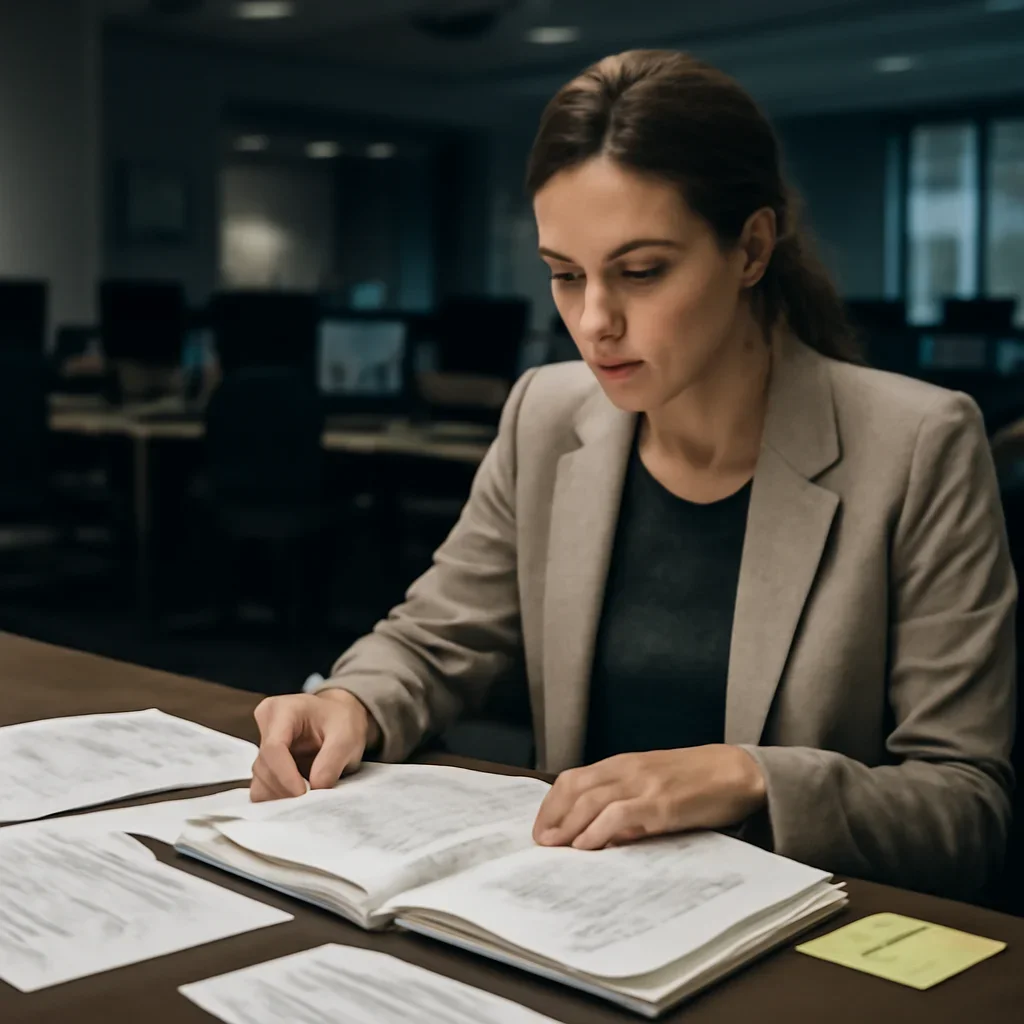Reporter reviewing source material and timeline notes related to common questions about war crimes, courts, and legal terms