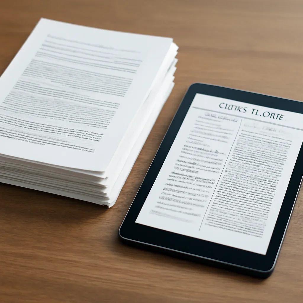 Stack of printed briefings and a tablet displaying archival notes for arrest warrant tracker