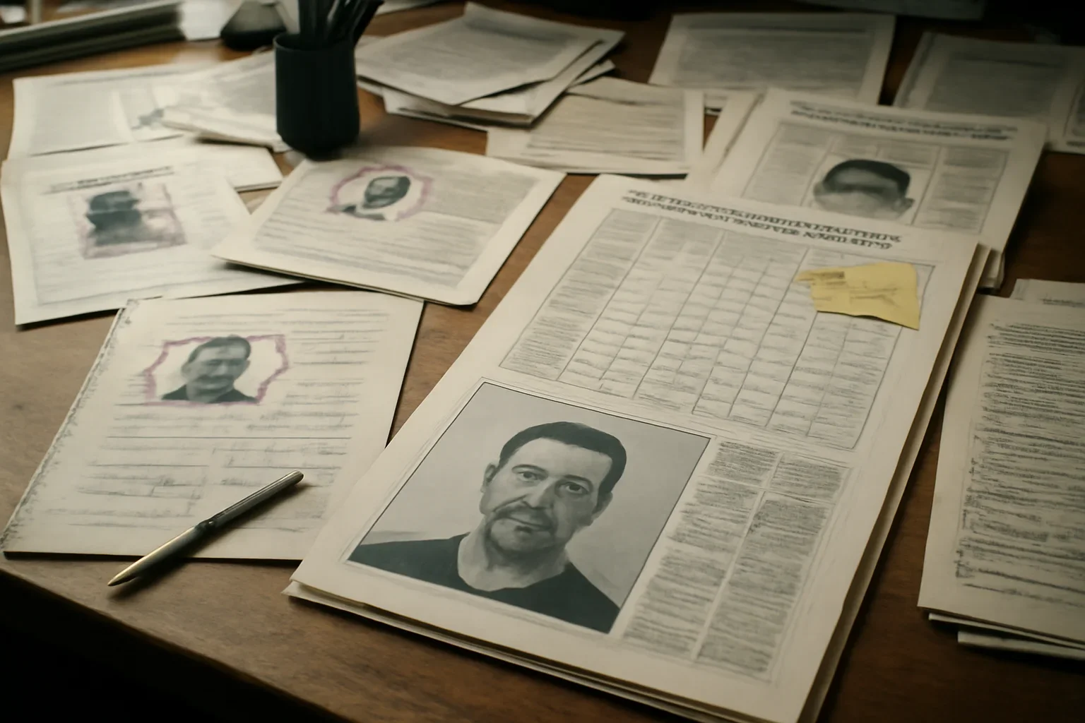 Editorial workspace with annotated documents and newspapers prepared for arrest warrant tracker