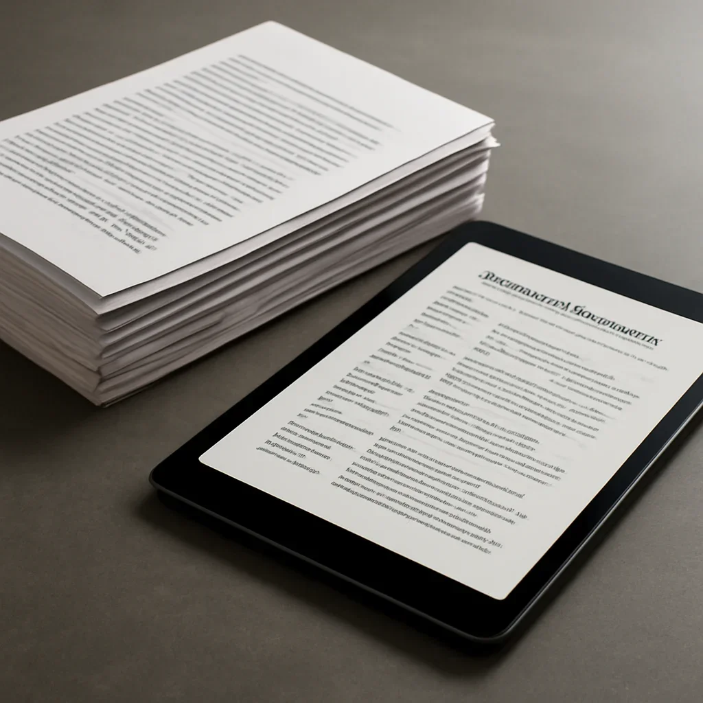 Stack of printed briefings and a tablet displaying archival notes for case timeline