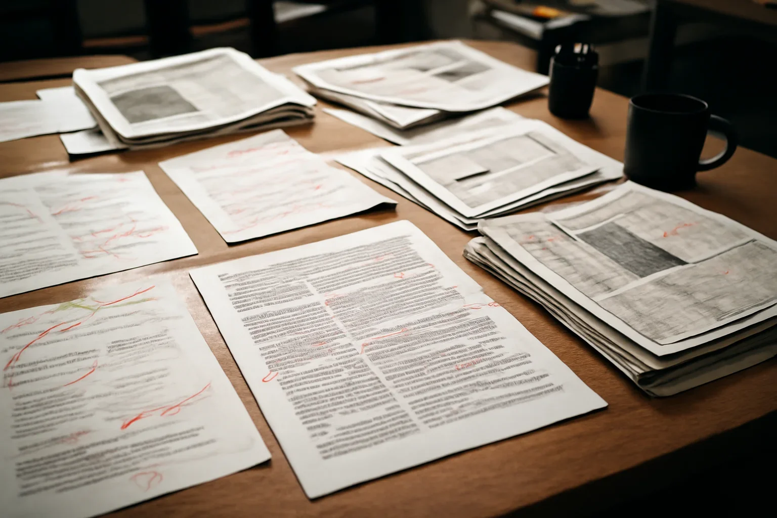 Editorial workspace with annotated documents and newspapers prepared for case timeline