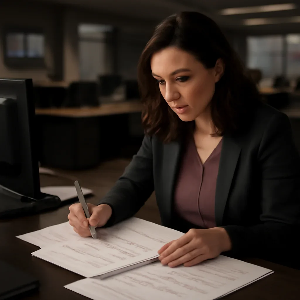 Reporter reviewing source material and timeline notes related to case timeline
