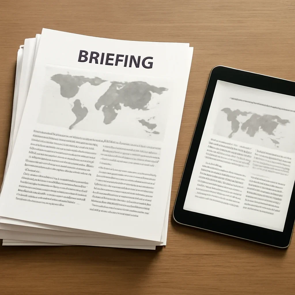 Stack of printed briefings and a tablet displaying archival notes for country dossiers