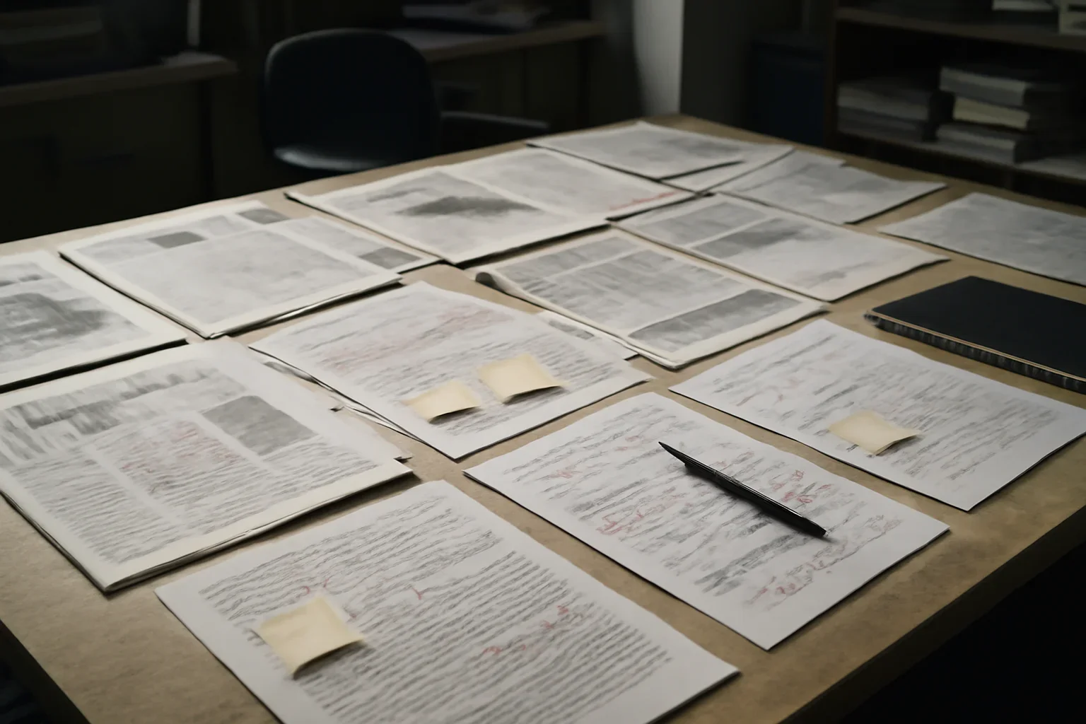 Editorial workspace with annotated documents and newspapers prepared for country dossiers