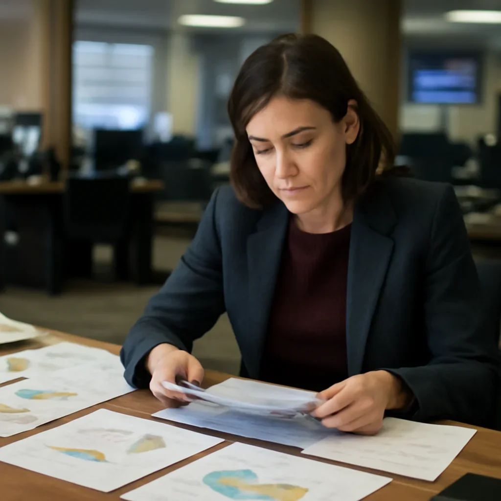 Reporter reviewing source material and timeline notes related to country dossiers