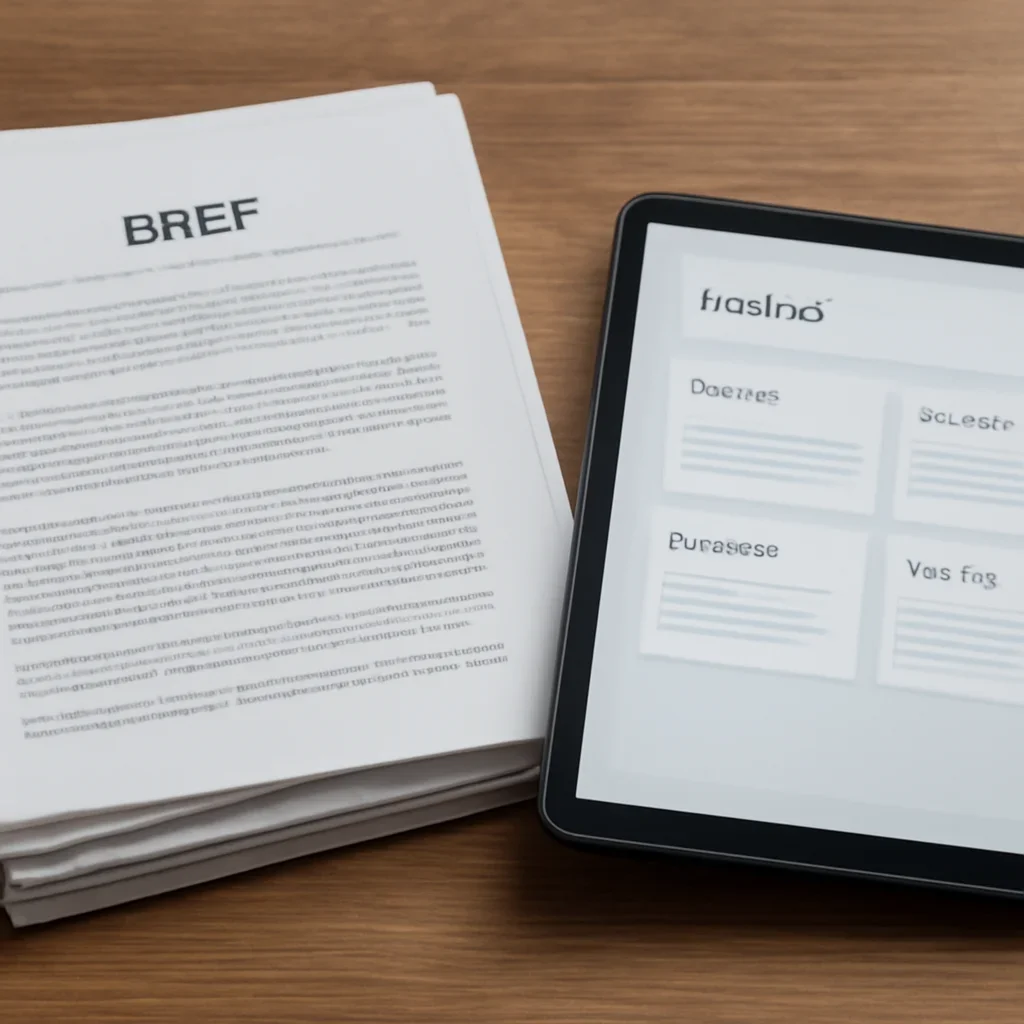 Stack of printed briefings and a tablet displaying archival notes for product and content features across tracker, archive, dossiers, and alerts
