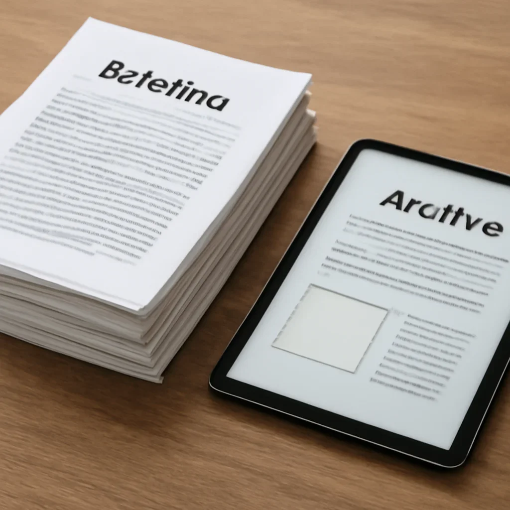 Stack of printed briefings and a tablet displaying archival notes for document archive