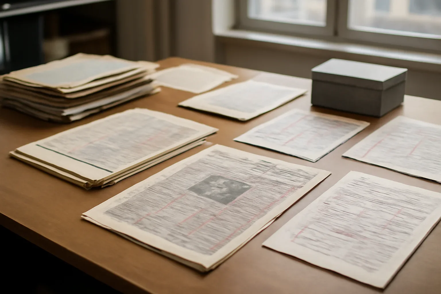 Editorial workspace with annotated documents and newspapers prepared for document archive