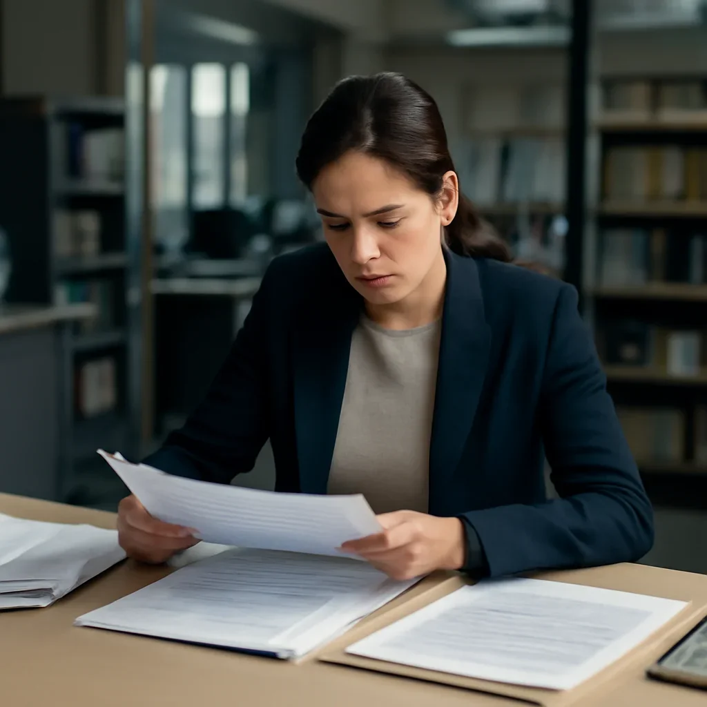 Reporter reviewing source material and timeline notes related to document archive