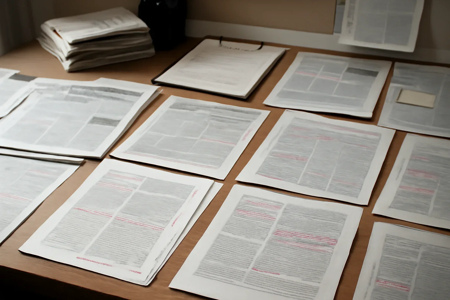 Editorial workspace with annotated documents and newspapers prepared for product and content features across tracker, archive, dossiers, and alerts