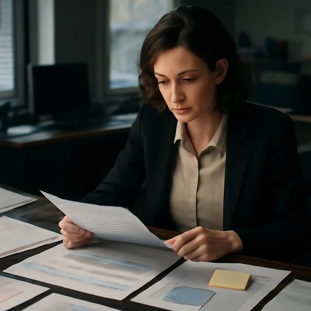 Reporter reviewing source material and timeline notes related to product and content features across tracker, archive, dossiers, and alerts