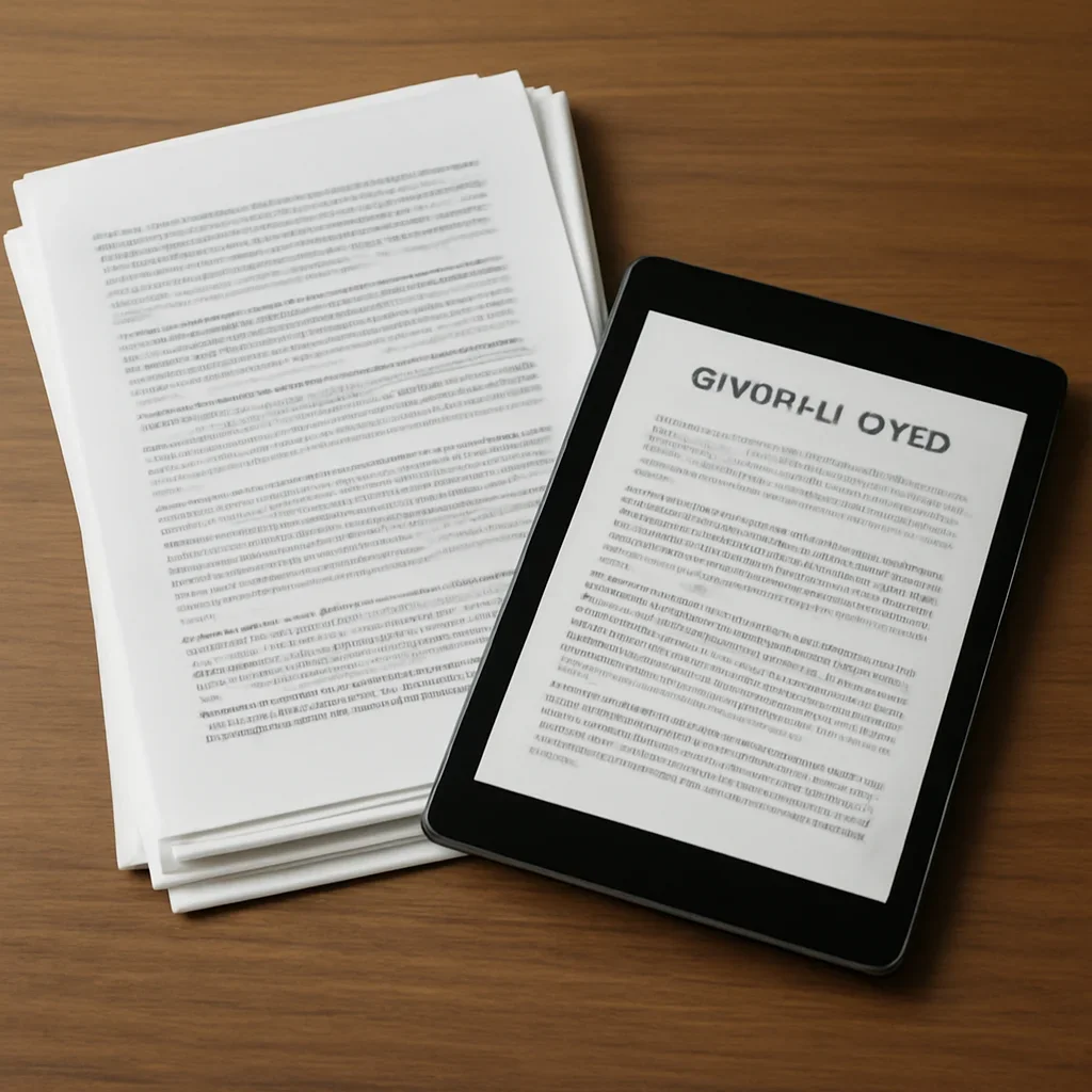Stack of printed briefings and a tablet displaying archival notes for war crimes tracker