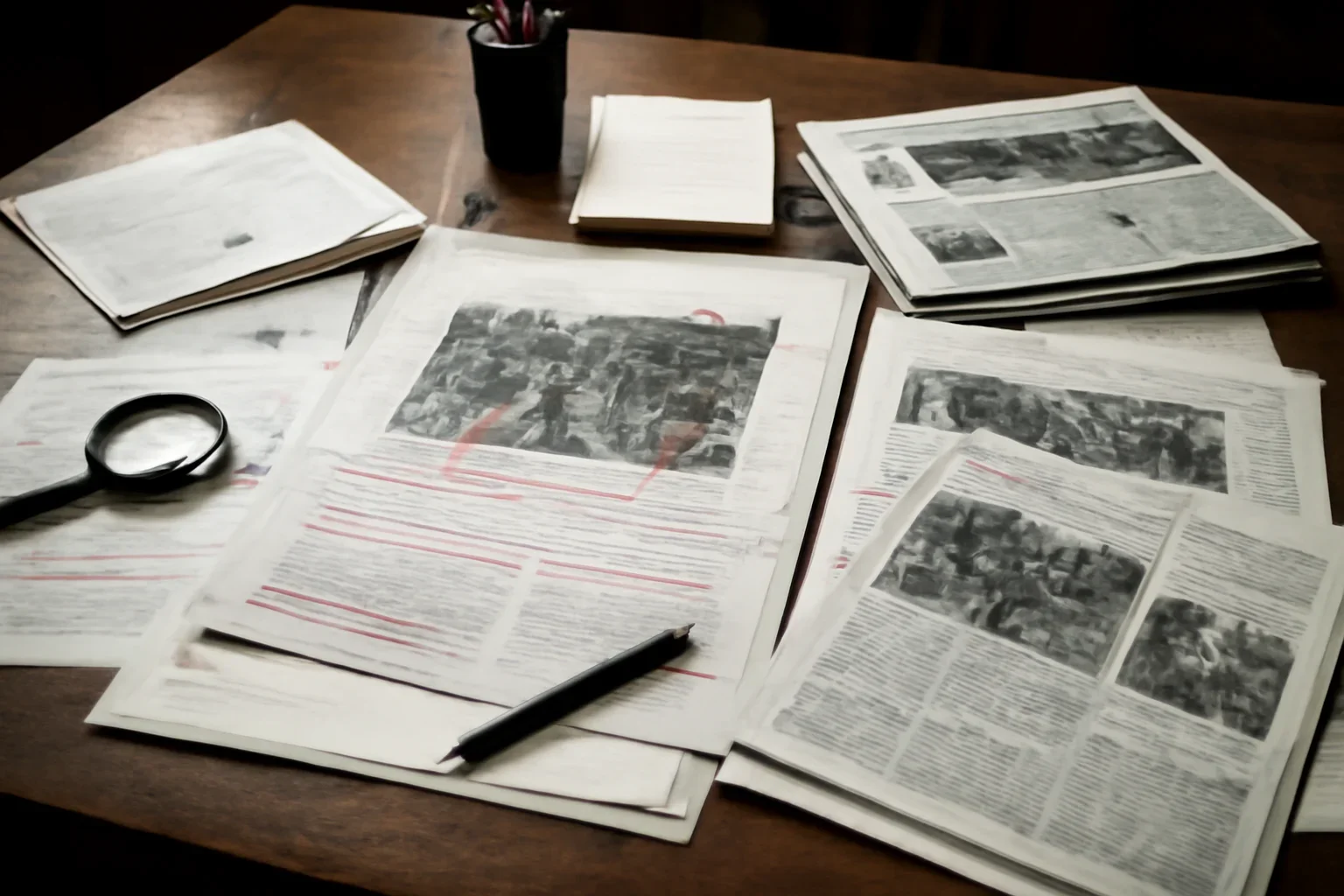 Editorial workspace with annotated documents and newspapers prepared for war crimes tracker