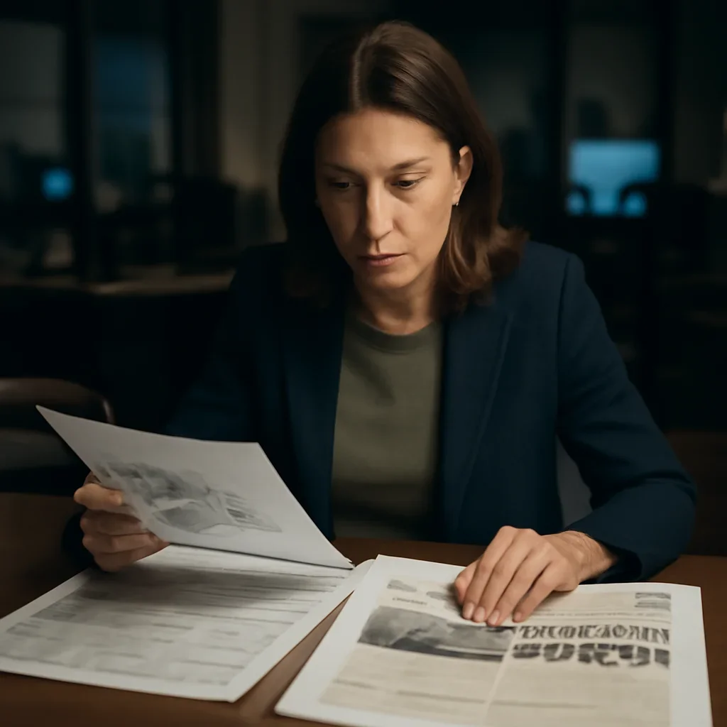 Reporter reviewing source material and timeline notes related to war crimes tracker