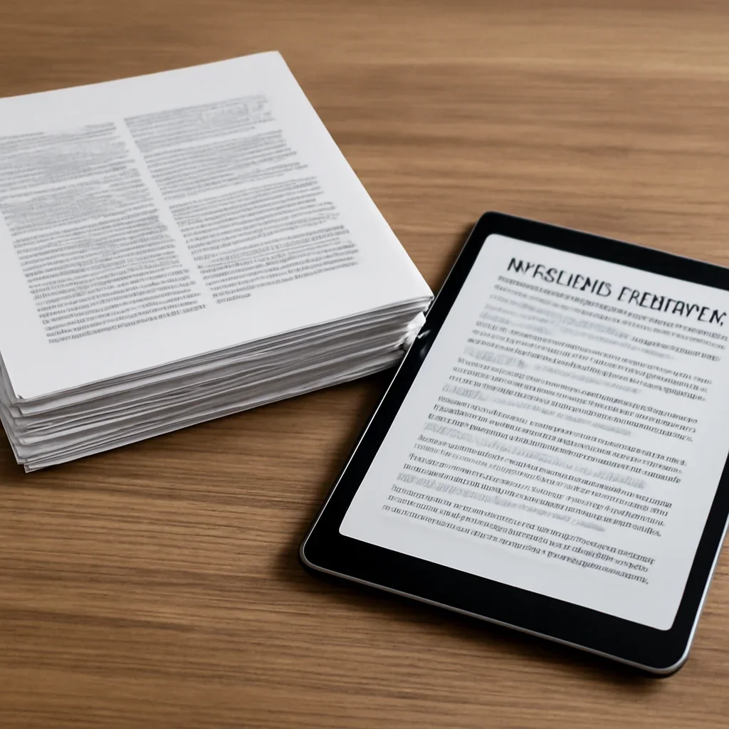 Stack of printed briefings and a tablet displaying archival notes for weekly briefing