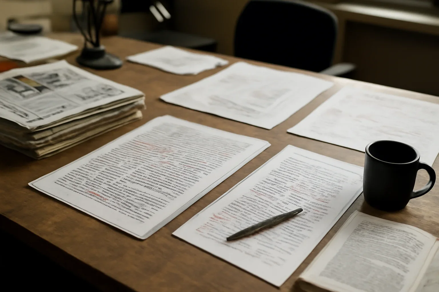 Editorial workspace with annotated documents and newspapers prepared for weekly briefing