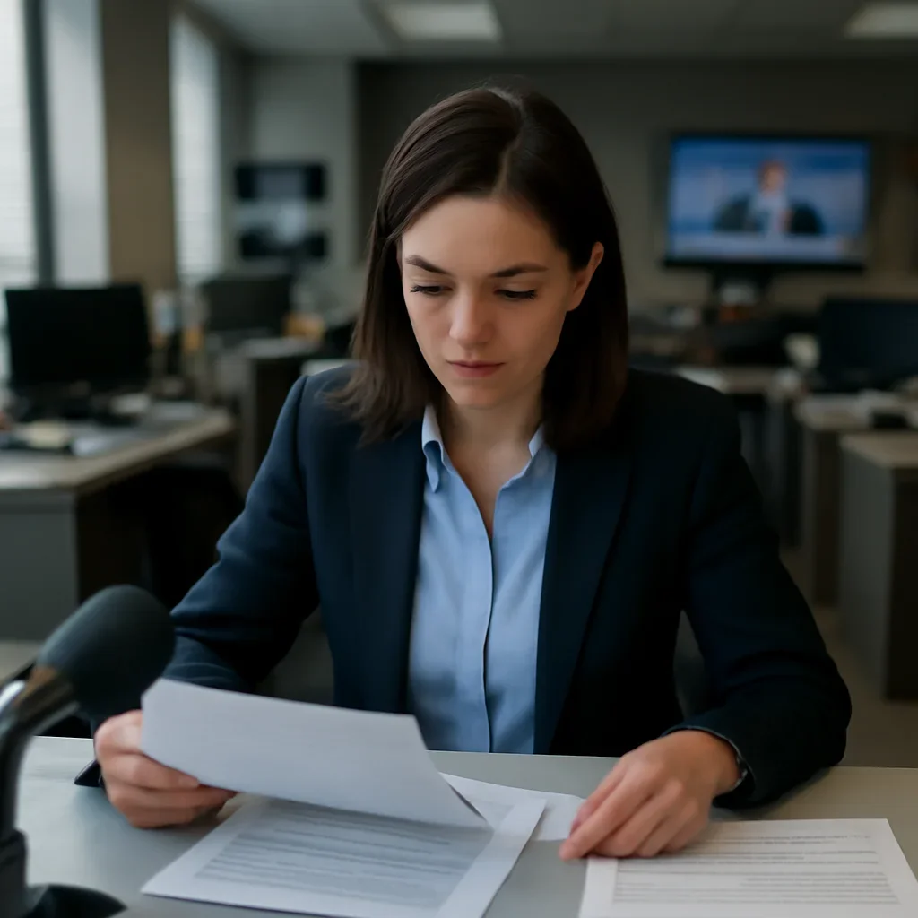 Reporter reviewing source material and timeline notes related to weekly briefing