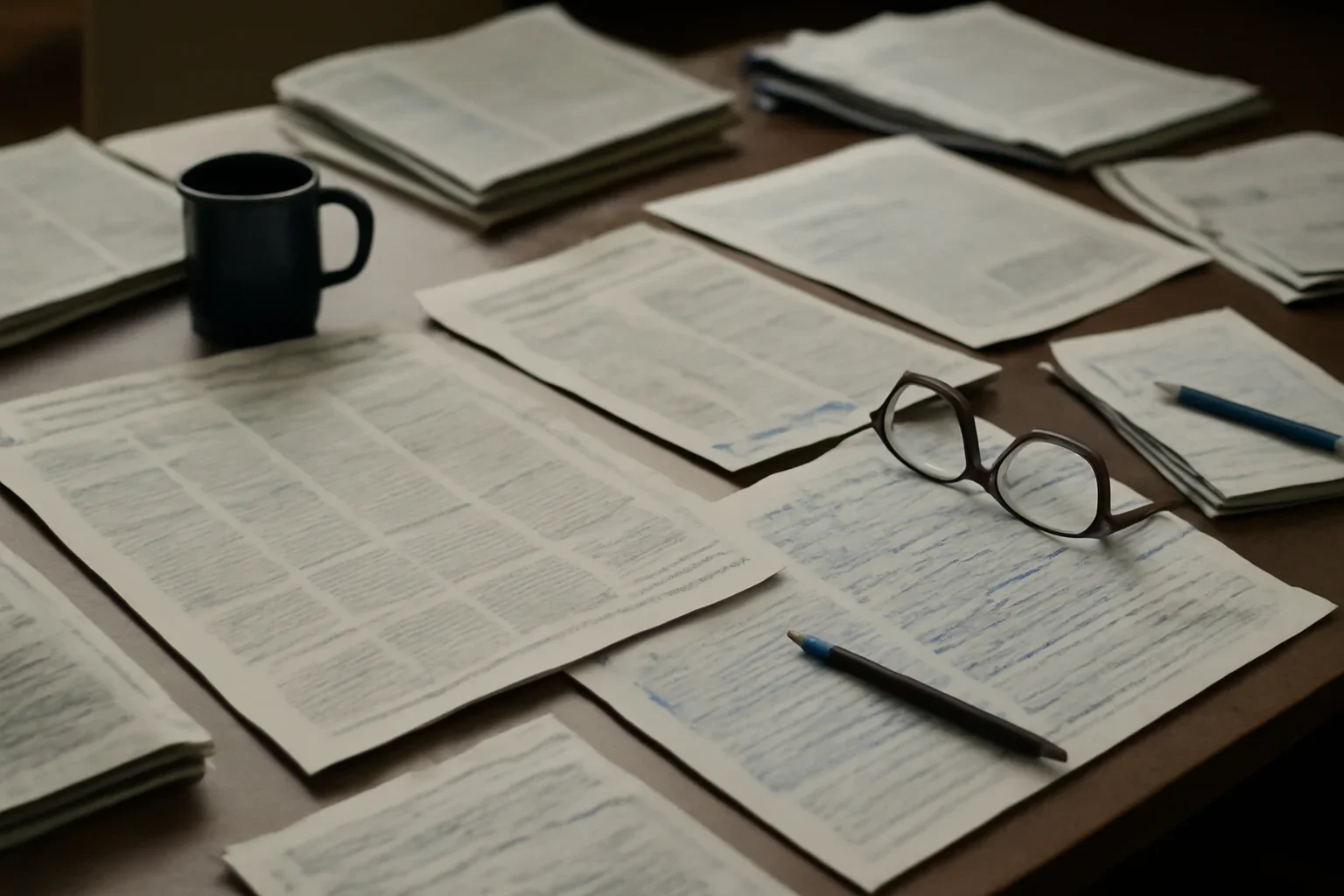 Editorial workspace with annotated documents and newspapers prepared for legacy feed