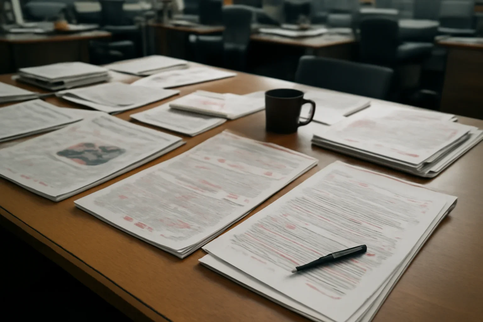 Editorial workspace with annotated documents and newspapers prepared for complementarity