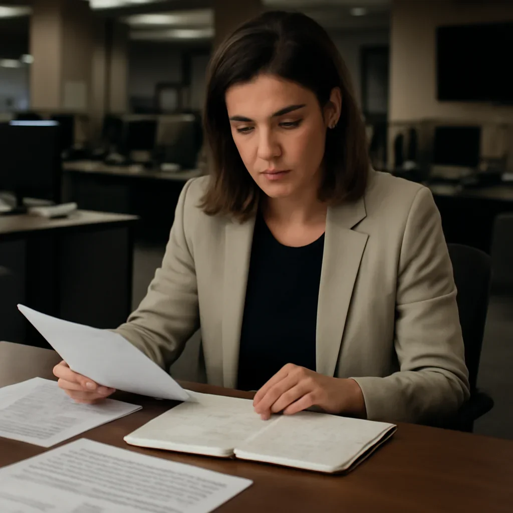 Reporter reviewing source material and timeline notes related to complementarity