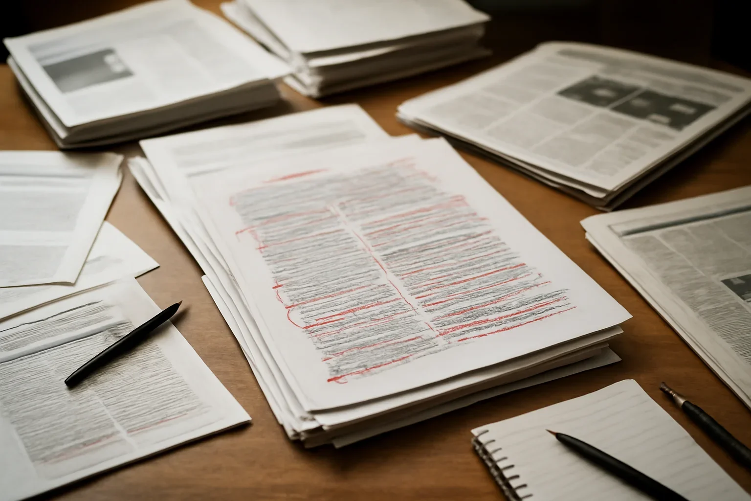 Editorial workspace with annotated documents and newspapers prepared for glossary