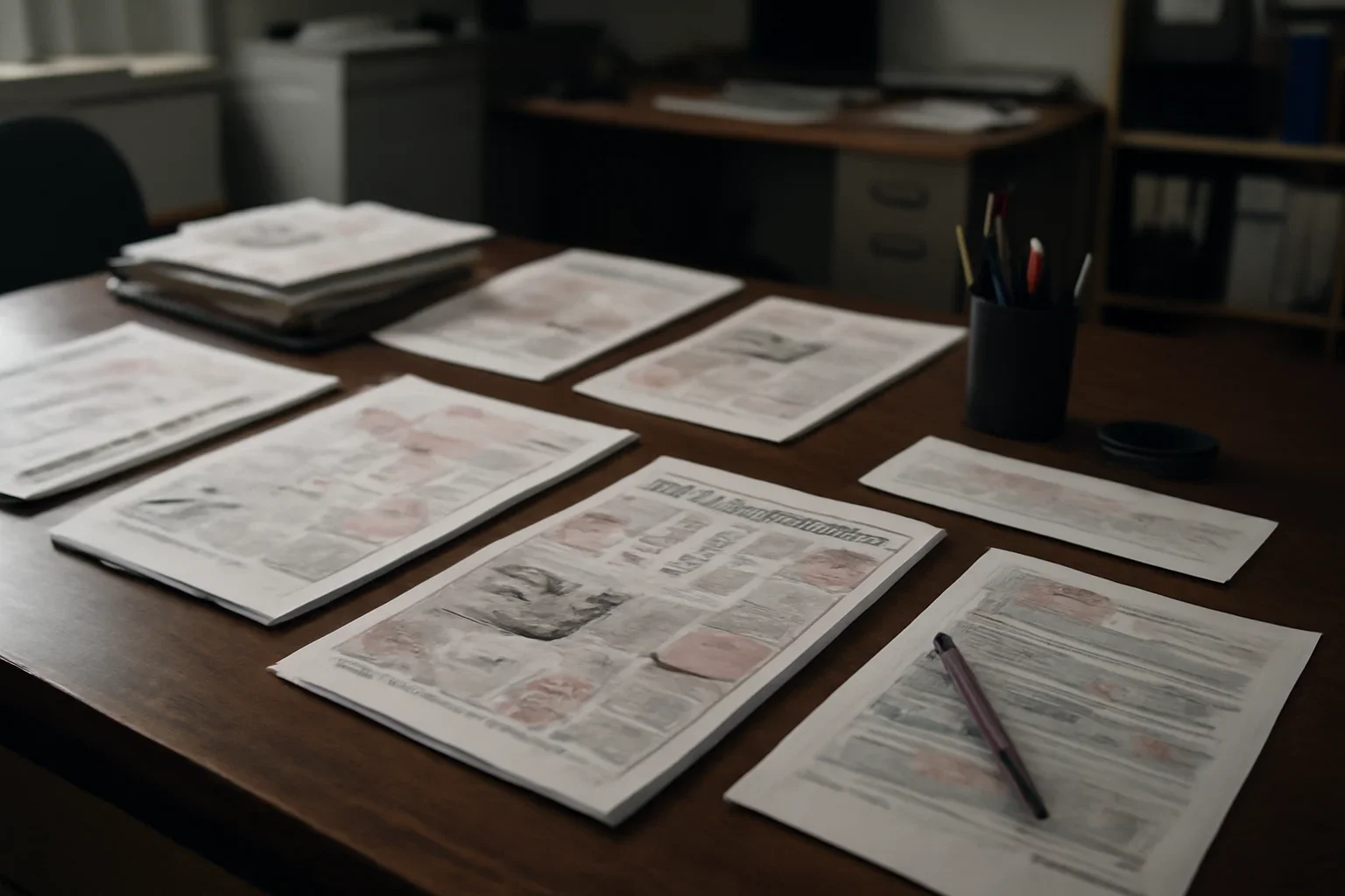 Editorial workspace with annotated documents and newspapers prepared for hors de combat